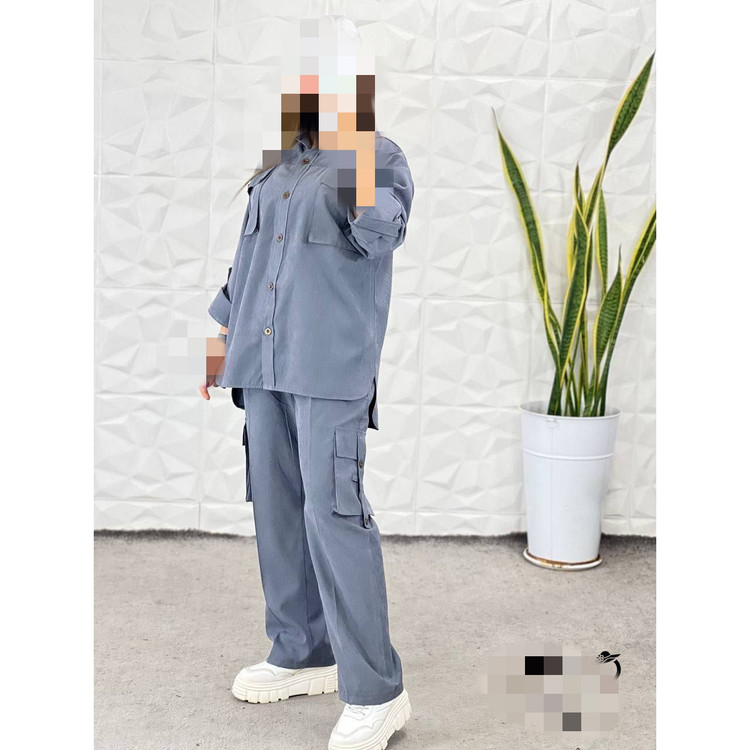 ست مانتو شومیز و شلوار کارگو جنس میکرو کج راه فری سایز ۳۸ تا ۴۶