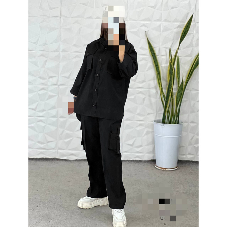 ست مانتو شومیز و شلوار کارگو جنس میکرو کج راه فری سایز ۳۸ تا ۴۶