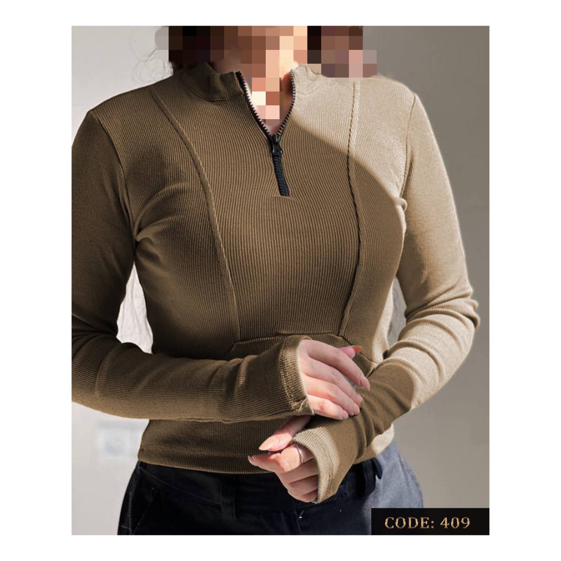 کراپ تیشرت آستین بلند فینگری شصتی جلو زیپ فانریپ پنبه کبریتی فری سایز ۳۶ تا ۴۴