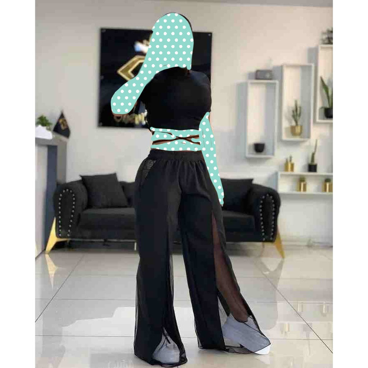 ست کراپ نیمتنه تاپ و شلوار بگ گشاد جلو تور فری سایز ۳۶ تا ۴۲