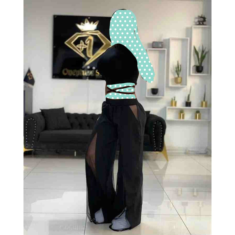 ست کراپ نیمتنه تاپ و شلوار بگ گشاد جلو تور فری سایز ۳۶ تا ۴۲