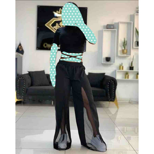 ست کراپ نیمتنه تاپ و شلوار بگ گشادجلو تور فری سایز ۳۶ تا ۴۲