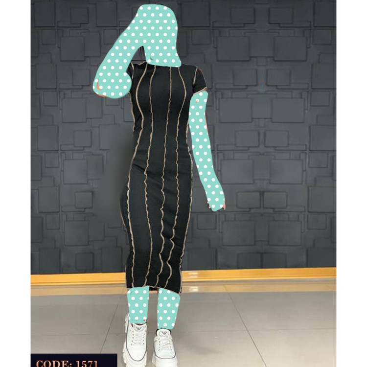 پیراهن بلند فانریپ رگه دوزی آستین کوتاه فری سایز ۳۶ تا ۴۴