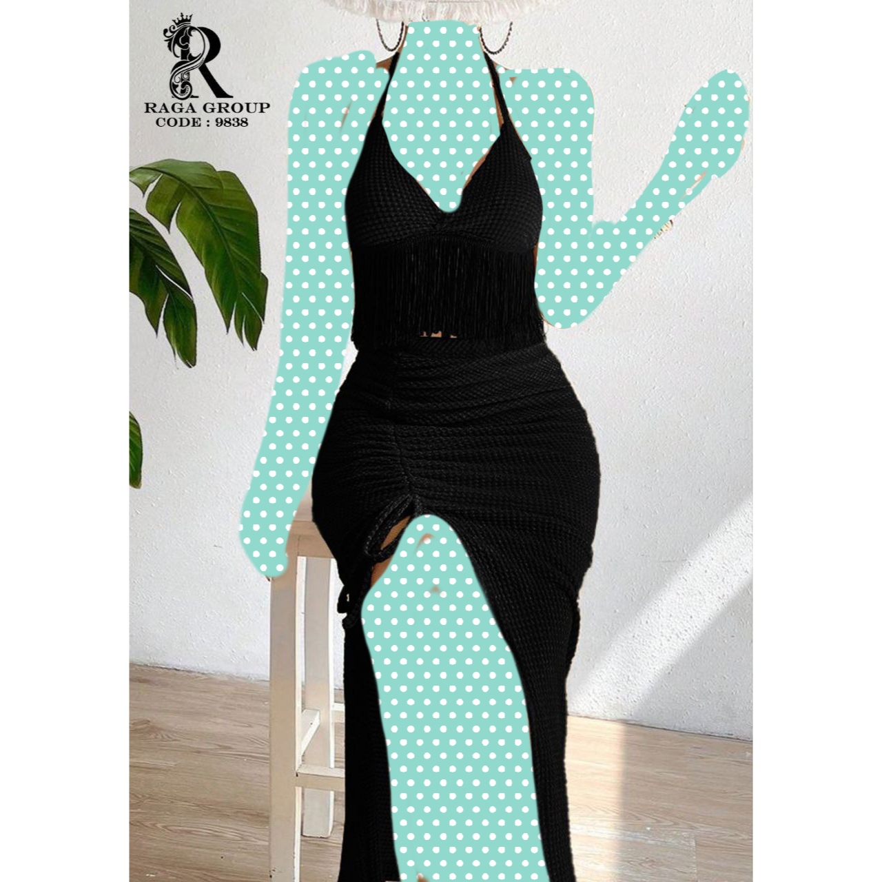 ست نیمتنه کراپ تاپ و دامن ریش دار جلو گت گتر مراکشی بیسکوییتی فری سایز ۳۸ تا ۴۴