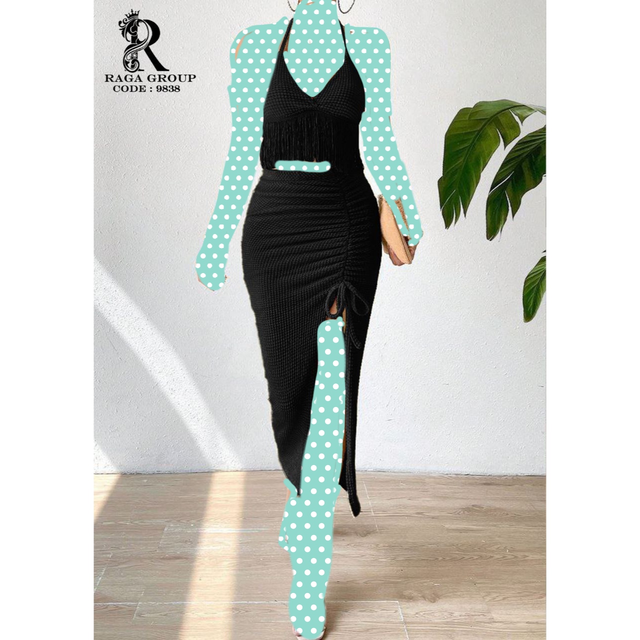 ست نیمتنه کراپ تاپ و دامن ریش دار جلو گت گتر مراکشی بیسکوییتی فری سایز ۳۸ تا ۴۴