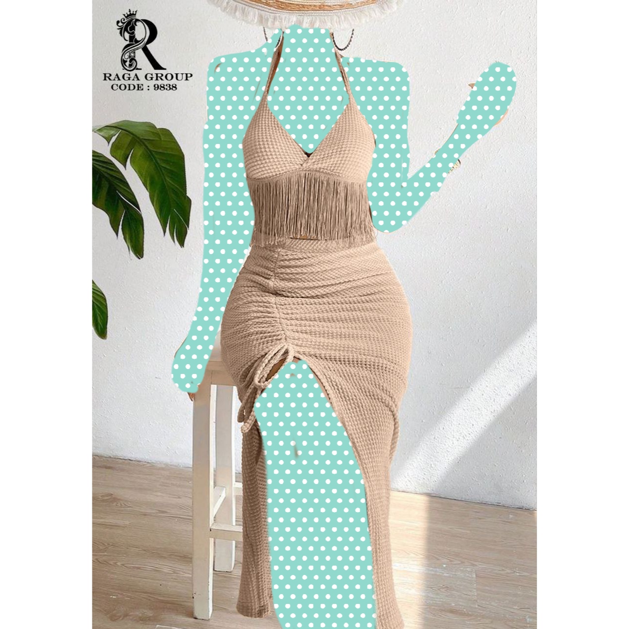 ست نیمتنه کراپ تاپ و دامن ریش دار جلو گت گتر مراکشی بیسکوییتی فری سایز ۳۸ تا ۴۴