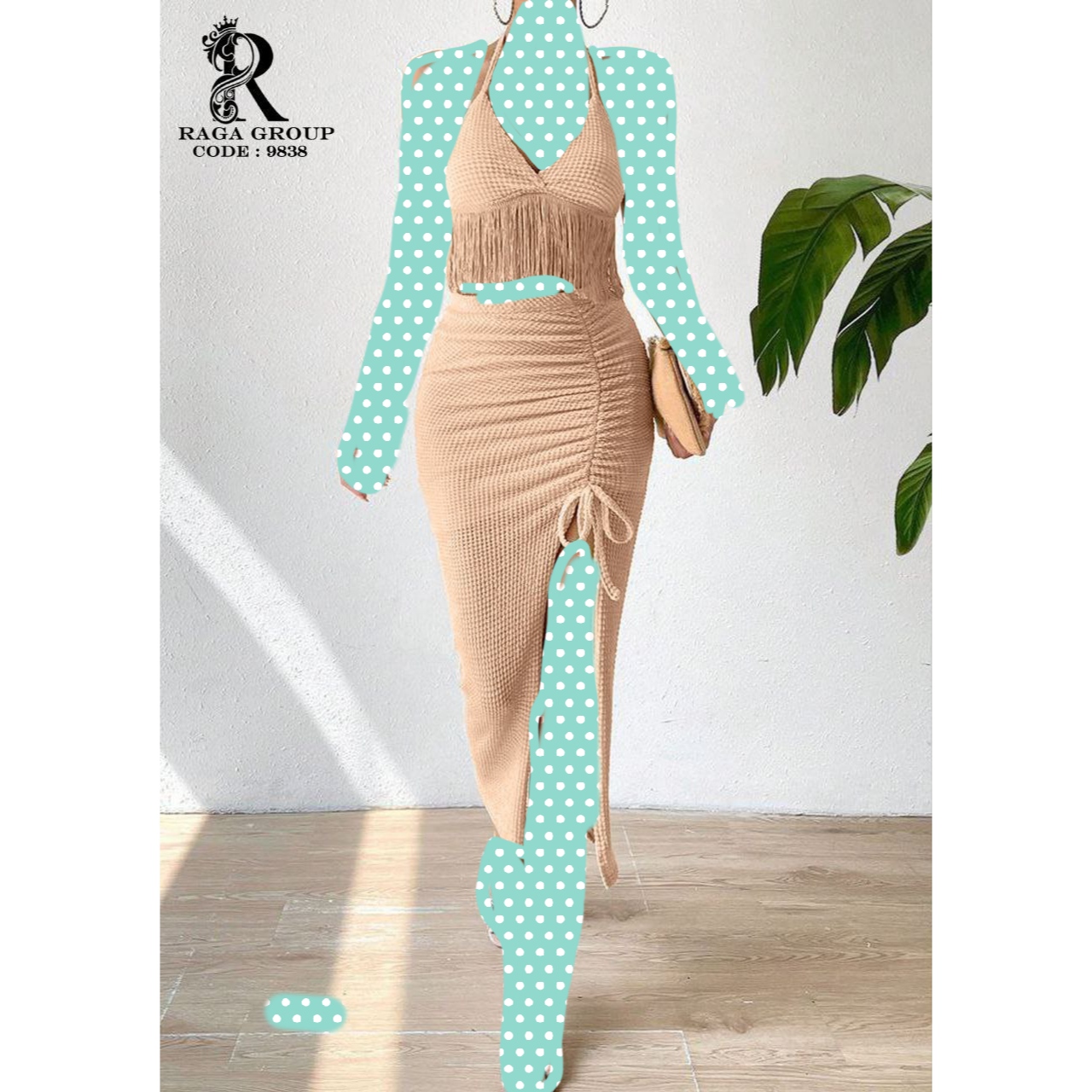 ست نیمتنه کراپ تاپ و دامن ریش دار جلو گت گتر مراکشی بیسکوییتی فری سایز ۳۸ تا ۴۴