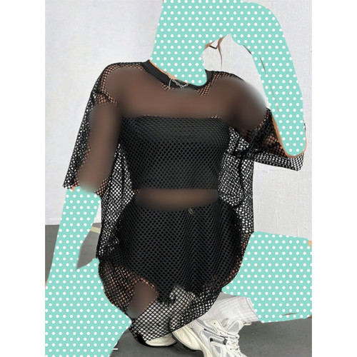 ست سه تیکه تاپ کراپ نیمتنه و شورتک شلوارک و رویه توری فری سایز ۳۸ تا ۴۲