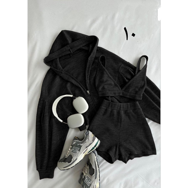 ست سه تیکه تکه کراپ تاپ نیمتنه وشورتک شلوارک و سویشرت رویه فانریپ کبریتی تمام کش فری سایز ۳۸ تا ۴۶