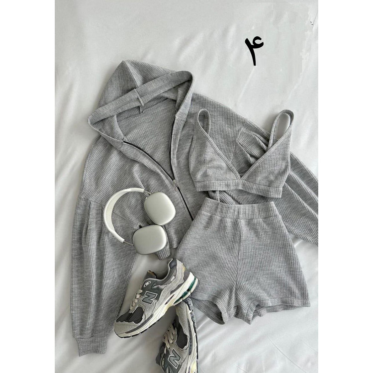 ست سه تیکه تکه کراپ تاپ نیمتنه وشورتک شلوارک و سویشرت رویه فانریپ کبریتی تمام کش فری سایز ۳۸ تا ۴۶