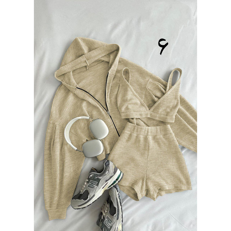 ست سه تیکه تکه کراپ تاپ نیمتنه وشورتک شلوارک و سویشرت رویه فانریپ کبریتی تمام کش فری سایز ۳۸ تا ۴۶