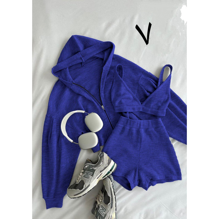 ست سه تیکه تکه کراپ تاپ نیمتنه وشورتک شلوارک و سویشرت رویه فانریپ کبریتی تمام کش فری سایز ۳۸ تا ۴۶